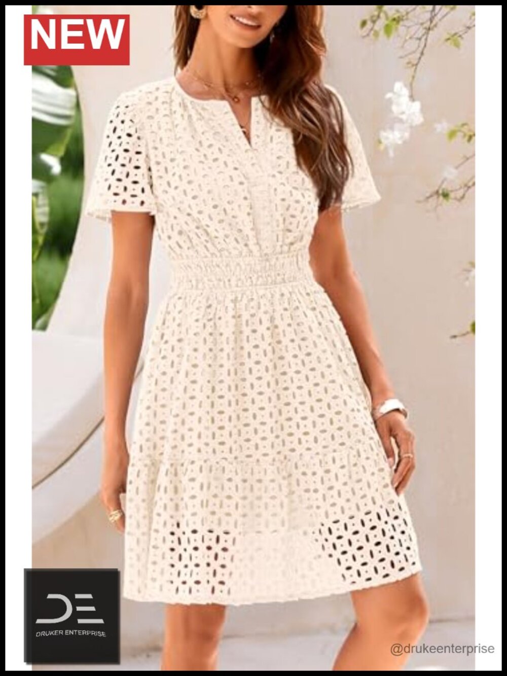 V Neck Short Sleeve A Line Hollow Out Lace Cute Casual Beach Dress - Picture 4 of 6
